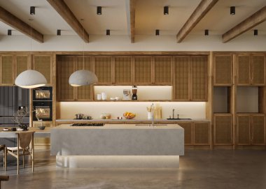 Modern oturma odası ve yemek odası, 3D görüntüleme