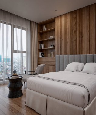 3D render modern otel odası iç mimarisi