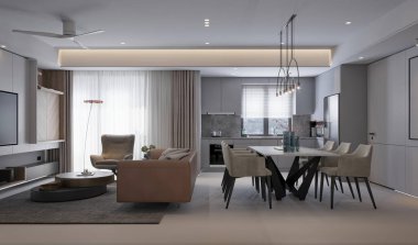 Modern oturma odası ve yemek odası, 3D görüntüleme