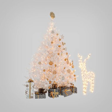 Noel ağacı, dekor ve hediye kutuları beyaz arka planda, 3D görüntüleme