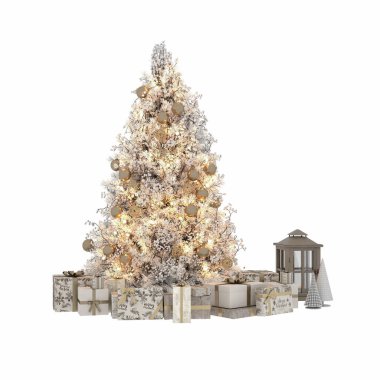 Noel ağacı, dekor ve hediye kutuları beyaz arka planda, 3D görüntüleme