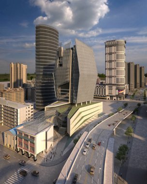 Şehir merkezindeki binalar, 3D görüntüleme