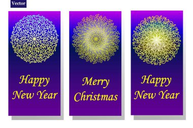 Vektör tasarım şablonu. Mor arka plan üzerinde 3 greeteeng kart daire zerafet süs seti.