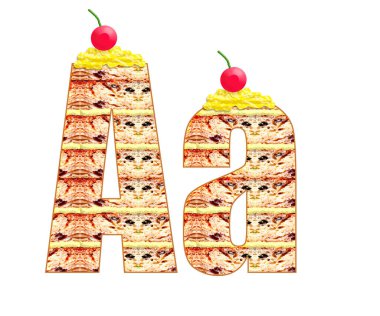 Bisküvi kek fontu, alfabe. Pastanın üzerindeki kiraz