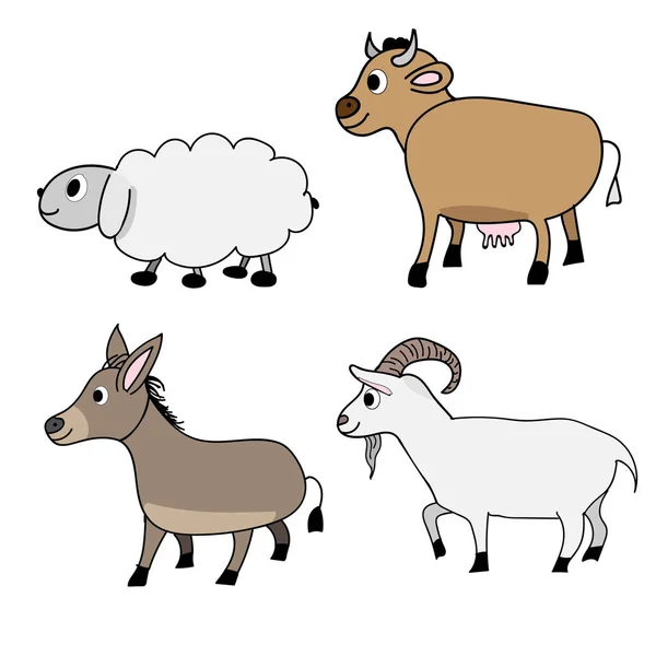 Farm animal set. Cow, sheep ,donkey and goat cartoon illustration. Vector — Stock Vector