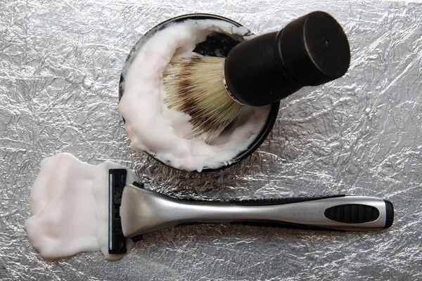 Shaving Accessories Razor Shaving Brush Top View — Stock Photo, Image