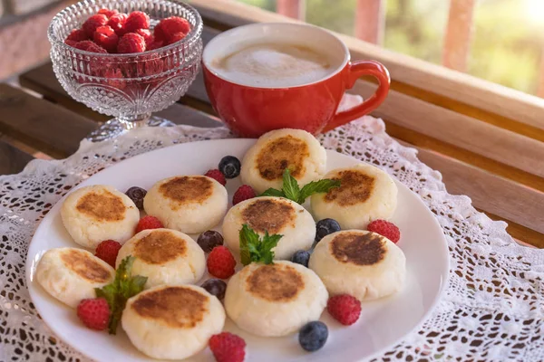 Panqueques Requesón Con Frambuesas Desayuno Listo — Foto de Stock