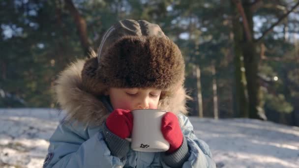 5 ano menino beber chá quente na floresta de inverno — Vídeo de Stock