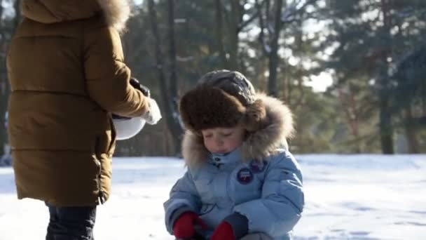 Enfants traînant sur la neige. Amusement actif pour les vacances de Noël en famille — Video