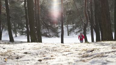 Kadın atlet giyen sıcak giyim çalışan sportif ve eldiven soğuk kış ormanda koşu.