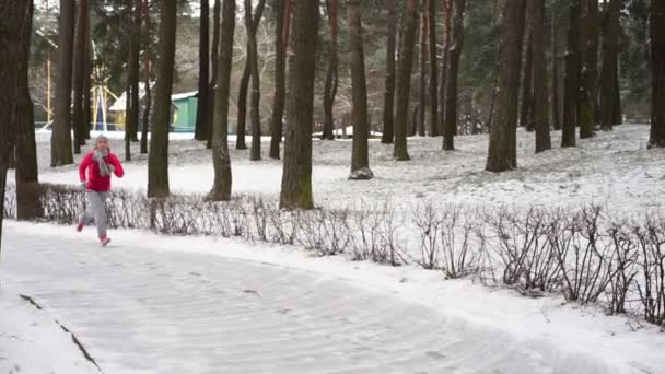 Corredor femenina corriendo en el frío bosque de invierno usando ropa y guantes deportivos calientes para correr . — Vídeos de Stock