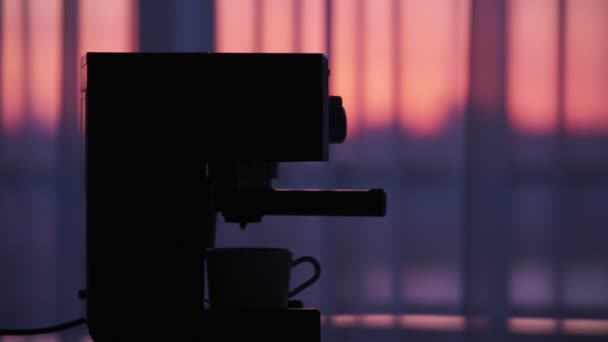 Frau, die bei Sonnenaufgang frischen Espresso in der Kaffeemaschine zubereitet. Kaffeemaschine macht Kaffee — Stockvideo