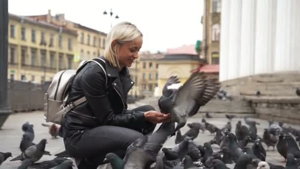 Hermosa mujer joven alimentando palomas en la calle — Vídeo de stock