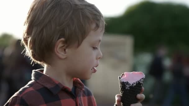 Милый мальчик ест розовое мороженое в конусе в общественном парке — стоковое видео