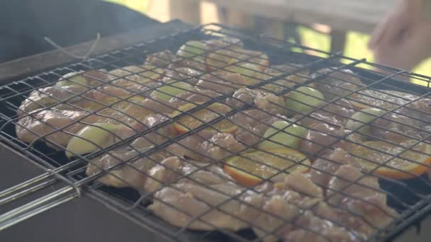 Kylling med løg og appelsiner spredt på grillen til en grill – Stock-video