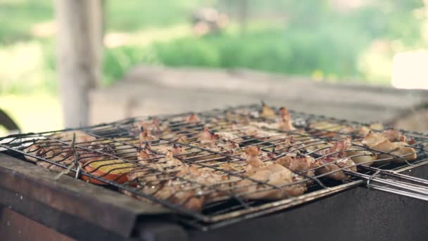 Frango com cebolas e laranjas espalhadas na grelha para um churrasco — Vídeo de Stock