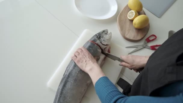 Ženské řezání ryb s nožem v kuchyni. Pohled shora — Stock video