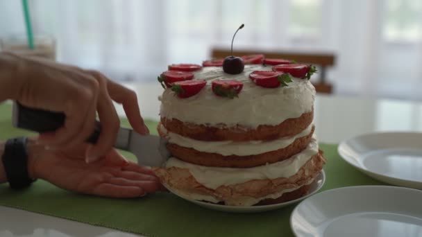 Woman cutting homemade cake with berries — Stock Video