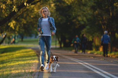 Güzel genç bir kadın sonbaharda parkta köpeğiyle oynuyor.