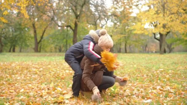 Madre e hijos jugando en el parque de otoño — Vídeos de Stock