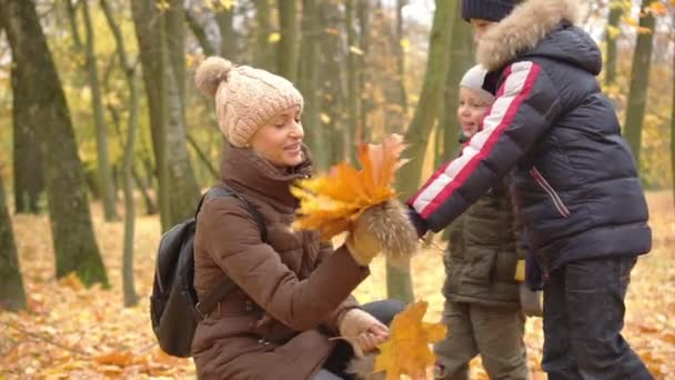 Madre e hijos jugando en el parque de otoño — Vídeo de stock