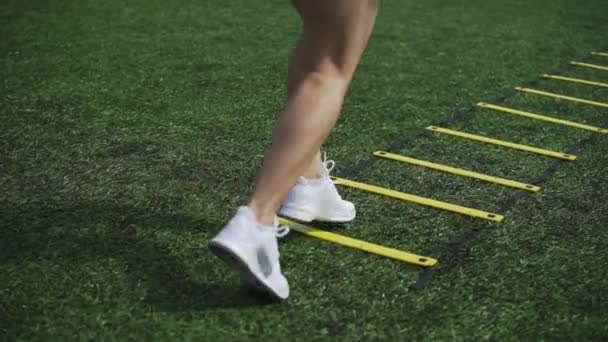 Sportos lány csinál gyakorlatok a mozgékonyság létra — Stock videók
