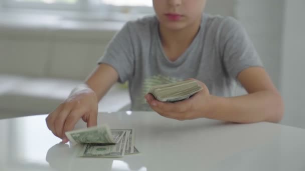 Two caucasian boys spin counting money for travel — Stock Video