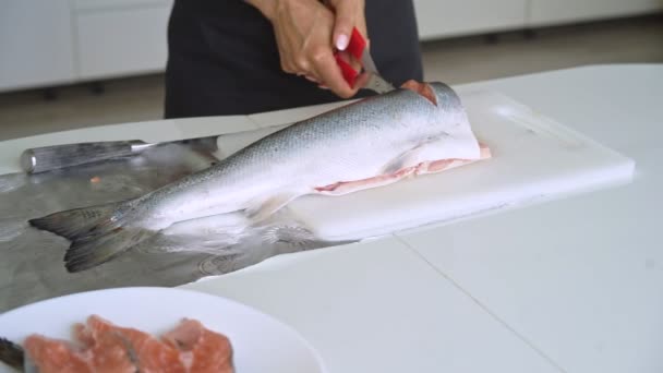 Donna tagliare il salmone in bistecca — Video Stock