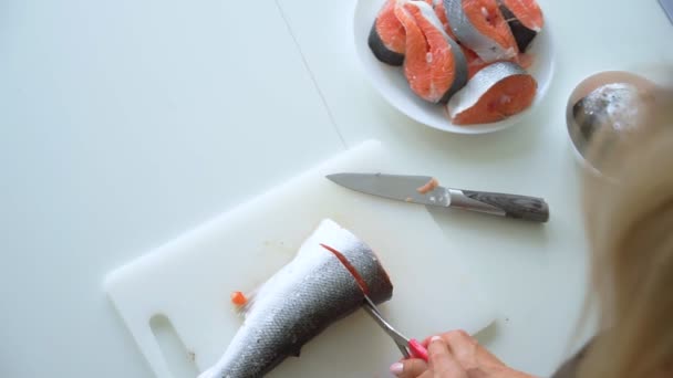 Mulher corta salmão em bife — Vídeo de Stock