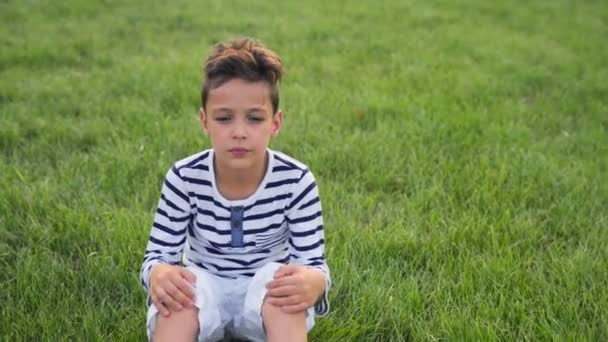 Счастливый Улыбающийся Ребенок Лежит Зеленой Траве Расслабленной — стоковое видео