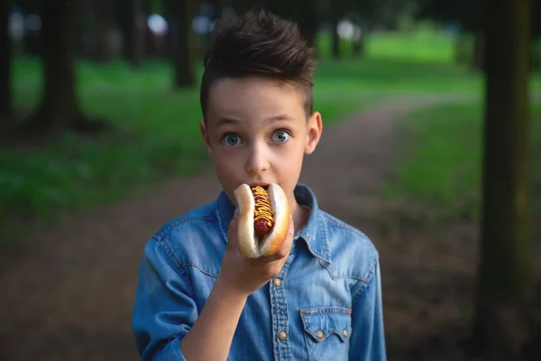 Een jonge jongen neemt een hap van een hot dog — Stockfoto