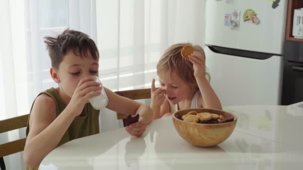 两个男孩吃自制饼干牛奶在家庭厨房 — 图库视频影像