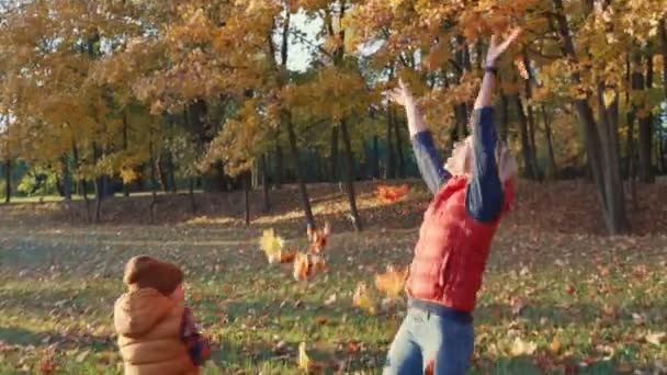 Moeder en peuter zoon spelen samen met de gevallen bladeren in de herfst park of bos. Moeder is het gooien van bladeren in de lucht. — Stockvideo