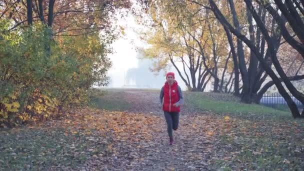 Corrida matinal de uma jovem mulher em um parque da cidade em uma névoa densa. Estilo de vida saudável em qualquer conceito meteorológico — Vídeo de Stock