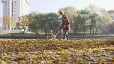 Genç anne oğluyla eğlenceli sonbahar park güneşli gün olması.