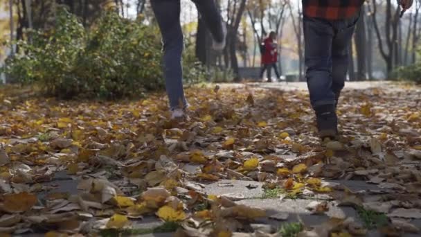 Nahaufnahme von Frauen- und Jungenbeinen, die bei Sonnenuntergang durch einen herbstlichen Park laufen. — Stockvideo