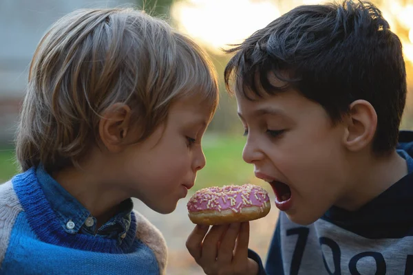 Two caucasian boys eating one donut outdoors closeup. Childhood. — Stock Photo, Image