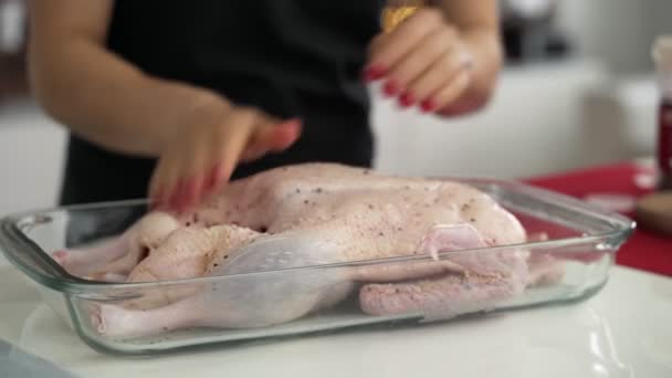 Mujer Preparando Pato Relleno Para Cena Navidad — Vídeos de Stock