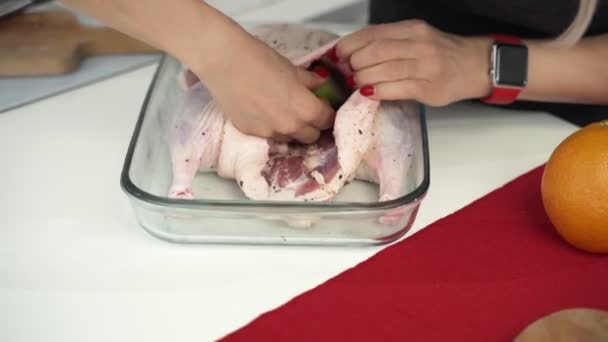 Mujer Preparando pato relleno para la cena de Navidad — Vídeo de stock