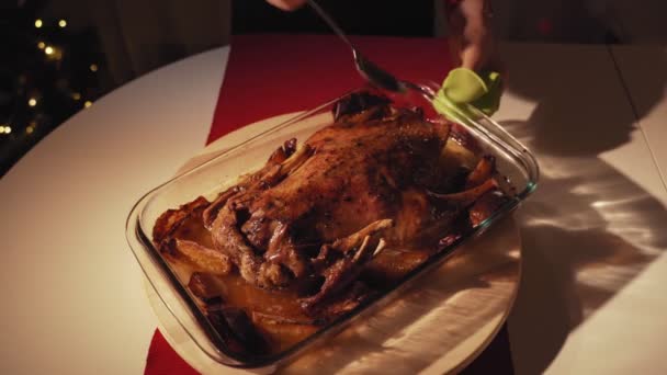 Womans hands pouring honey and mustard on roasted goose. Goose roasted with apples and oranges in oven. Christmas tree at background — Stock Video