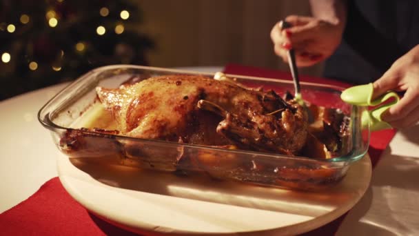 Mujeres manos vertiendo miel y mostaza en ganso asado. Ganso asado con manzanas y naranjas en horno. Árbol de Navidad en el fondo — Vídeos de Stock