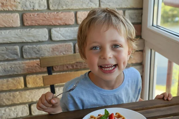 Happy Year Old Caucasian Boy Eat Breakfast Viennese Waffles Ice — Stock Photo, Image