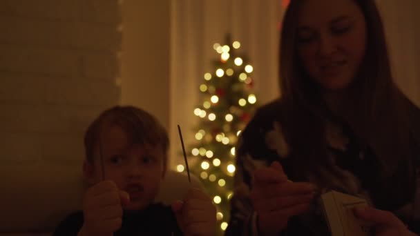 Hält der Junge eine Wunderkerze in der Hand und lacht. Wunderkerzen. die Wunderkerzen in seinen Händen. Neujahrsstimmung. Weihnachtsbaum. Lichter. schöner Junge. Kinder. — Stockvideo