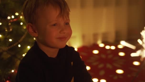 El chico sostiene a Sparkler y se ríe. Chispas. los bengalas en sus manos. Año nuevo estado de ánimo. Árbol de Navidad. Luces. Un chico guapo. Niños. . — Vídeos de Stock