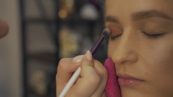 Professionell makeupartist gör ögonmakeup för ung modell — Stockvideo