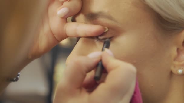 Artista de maquiagem profissional fazendo maquiagem ocular para jovem modelo — Vídeo de Stock