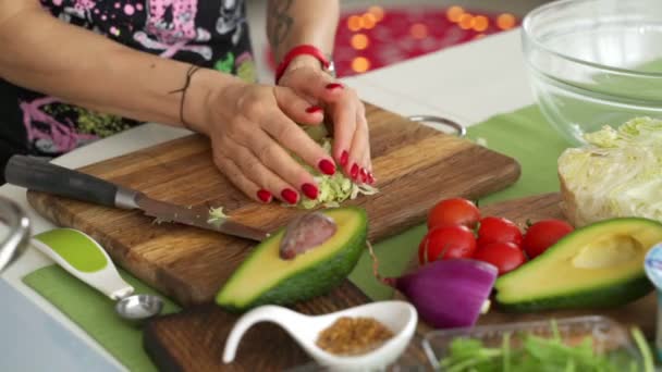 Mãos de mulher com rabanetes de corte de faca de salada. Feche os legumes frescos na mesa da cozinha. Dona de casa cozinhar refeição natural e saudável no tabuleiro de madeira. Vegetais sazonais ingredientes para salada — Vídeo de Stock