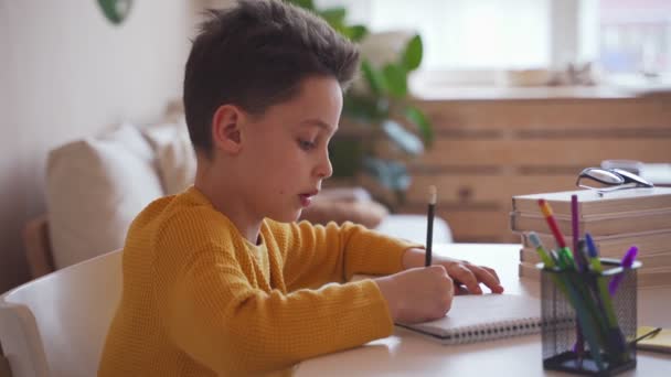 Хлопчик робить домашнє завдання в школі, пише кулькову ручку в блокноті . — стокове відео
