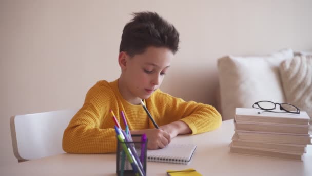 Il ragazzo fa i compiti a scuola, scrive una penna a sfera in un quaderno . — Video Stock