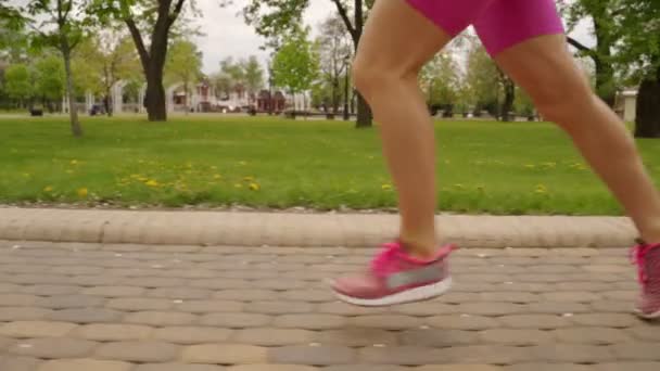 在轨道上运行的年轻女子赛跑者腿 — 图库视频影像